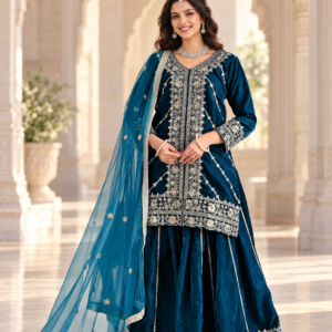 Embroidered Viscose Velvet Sharara Set with Butterfly Net Dupatta