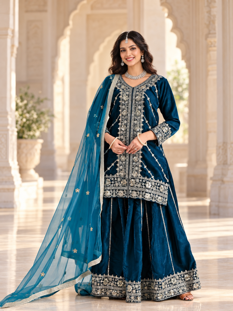 Embroidered Viscose Velvet Sharara Set with Butterfly Net Dupatta