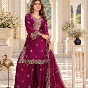 Royal Magenta Purple Fully Stitched Fendy Silk Sharara Suit Set with Sequin Embroidery & Cutwork Details