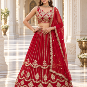 Royal Red Bridal Faux Georgette Lehenga Choli with Zari & Sequins Embroidery