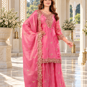 Blush Pink Fully Stitched Fendy Silk Sharara Suit Set with Sequin Embroidery & Cutwork Details