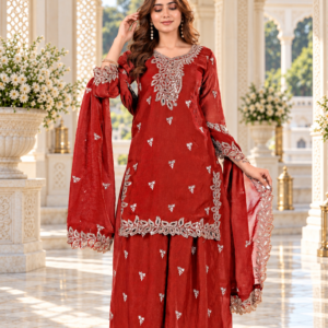 Crimson Maroon Fully Stitched Fendy Silk Sharara Suit Set with Sequin Embroidery & Cutwork Details
