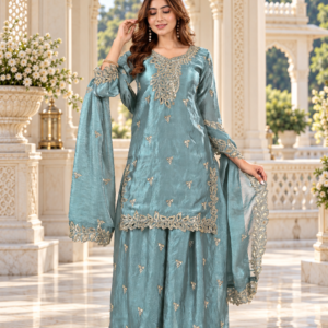Powder Sea Blue Fully Stitched Fendy Silk Sharara Suit Set with Sequin Embroidery & Cutwork Details