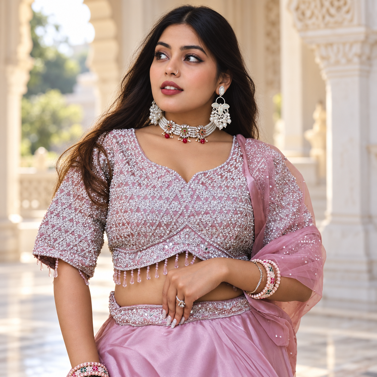 Dusty Rose Pink Shimmer Tissue Silk Lehenga Choli Set with Heavy Embroidered Blouse & Bead Fringe - Image 2