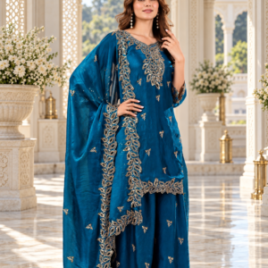Peacock Blue Fully Stitched Fendy Silk Sharara Suit Set with Sequin Embroidery & Cutwork Details