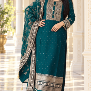 Peacock Teal Heavy Pure Chinon Silk Pakistani Suit Set with 5mm Sequin, Handwork Diamond Detailing & Floral Embroidered Dupatta