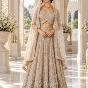 Champagne Gold Heavy Embroidered Bridal Net Lehenga Choli Set with Pearl Work & Sheer Veil Dupatta