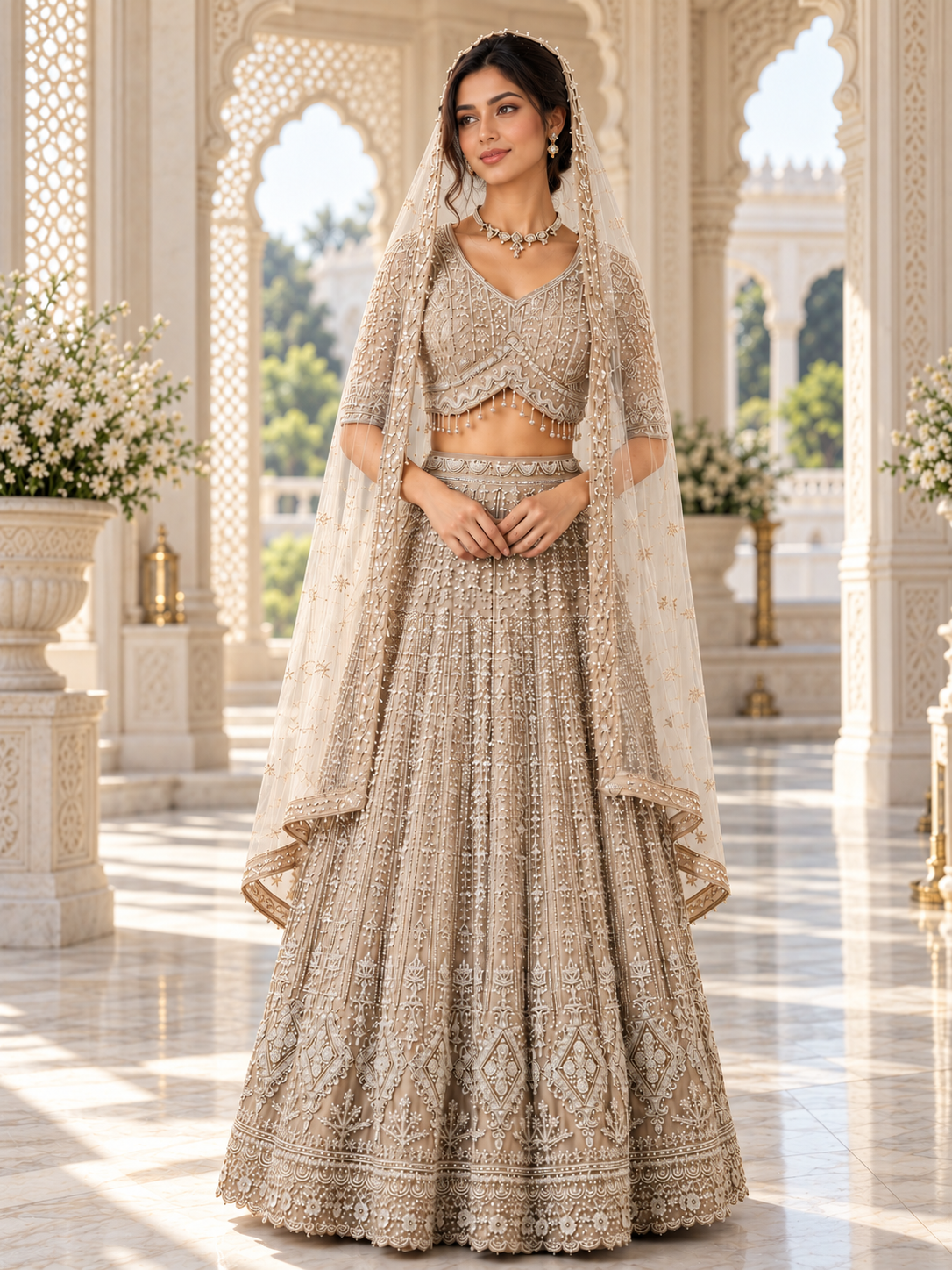 Champagne Gold Heavy Embroidered Bridal Net Lehenga Choli Set with Pearl Work & Sheer Veil Dupatta