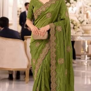 Olive Mehendi Green Pure Chocolate Silk Saree with Cutwork Embroidered Border, Thread & DMC Swarovski Work