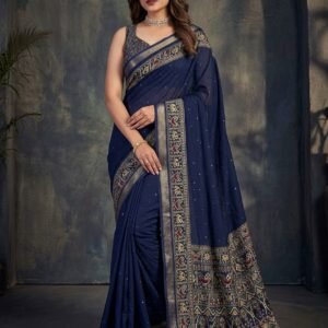 Navy Blue Pure Mul Cotton Ajrakh Printed Saree with Sequins Jaal Work, Zari Jacquard Border & Tassels
