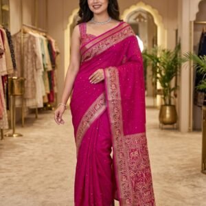 Rani Pink Pure Mul Cotton Ajrakh Printed Saree with Sequins Jaal Work, Zari Jacquard Border & Tassels