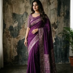 Royal Purple Pure Mul Cotton Ajrakh Printed Saree with Sequins Jaal Work, Zari Jacquard Border & Tassels