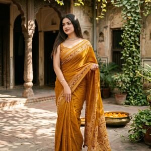 Mustard Yellow Pure Mul Cotton Ajrakh Printed Saree with Sequins Jaal Work, Zari Jacquard Border & Tassels