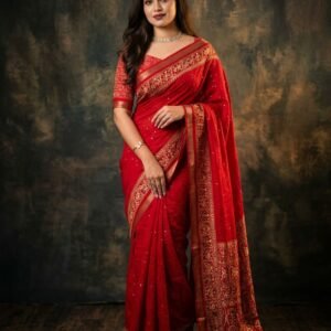 Crimson Red Pure Mul Cotton Ajrakh Printed Saree with Sequins Jaal Work, Zari Jacquard Border & Tassels